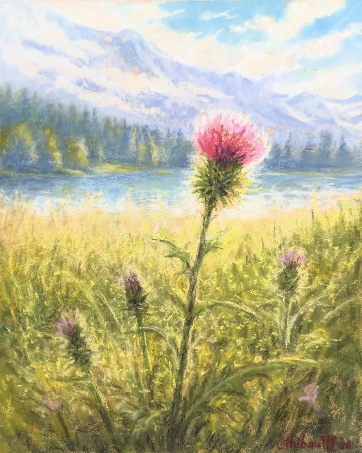 Pastel représentant un chardon aux fleurs rose violacé, dressé dans une prairie ensoleillée près d’un lac, avec une forêt et des montagnes bleutées à l’arrière-plan.