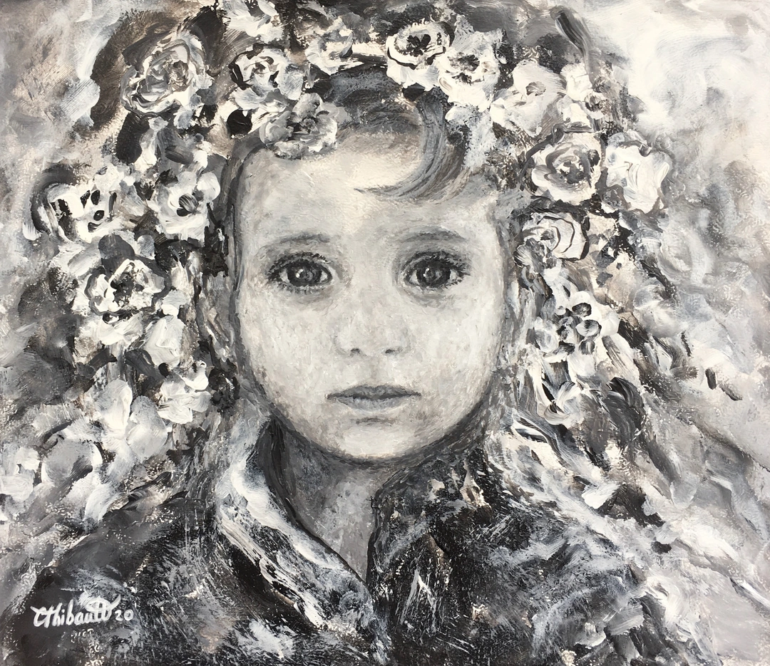 Peinture acrylique en noir, blanc et gris représentant une petite fille aux grands yeux sombres, entourée d’une abondance de fleurs qui encadrent son visage.